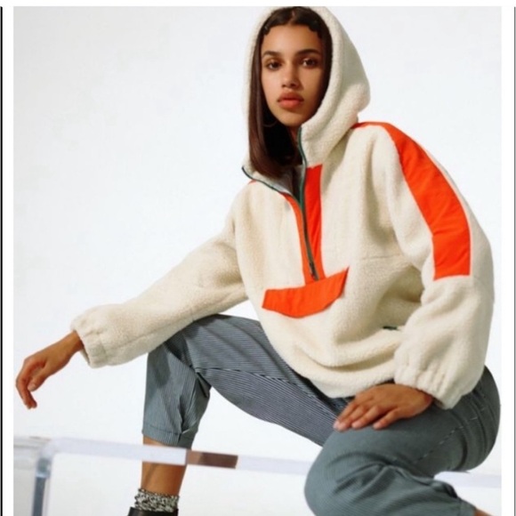 Urban Outfitters orange and cream Sherpa quarter zip hooded pullover sweater - Picture 1 of 7